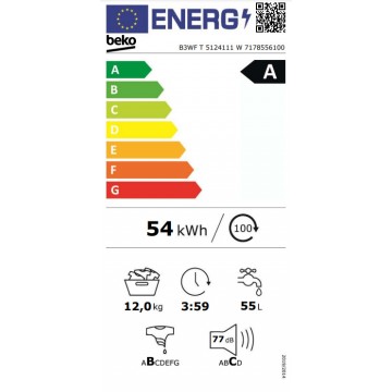 Beko 0037530 Πλυντήριο Ρούχων 12kg με Ατμό 1400 Στροφών B3WFT5124111WP